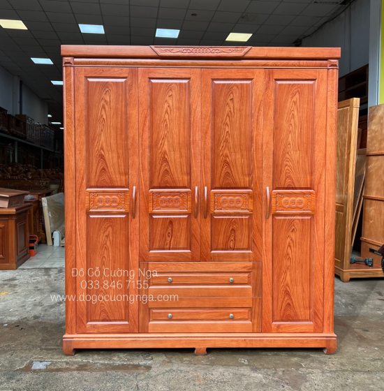 Tủ áo gỗ hương đá 4 cánh - 2m  mẫu đồng tiền 