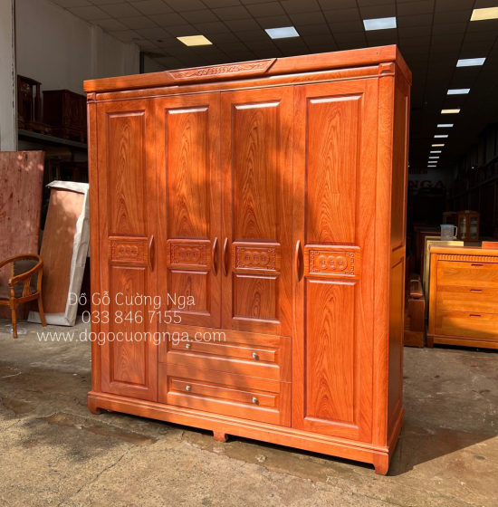 Tủ áo gỗ hương đá 4 cánh - 2m  mẫu đồng tiền 