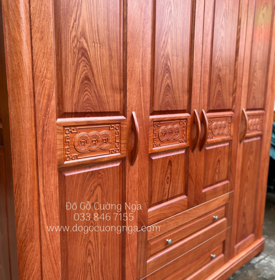 Tủ áo gỗ hương đá 4 cánh - 2m  mẫu đồng tiền 
