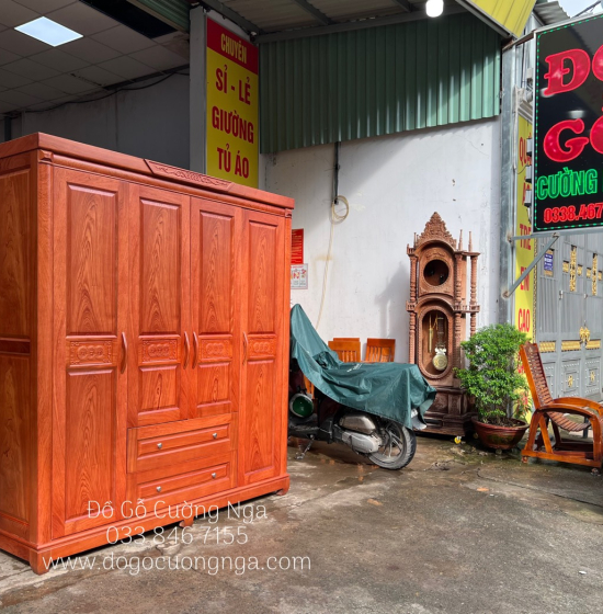 Tủ áo gỗ hương đá 4 cánh - 2m  mẫu đồng tiền 