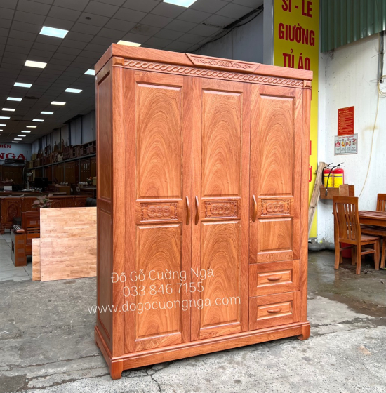 Tủ áo gỗ hương đá - 3 cánh mẫu đồng tiền 