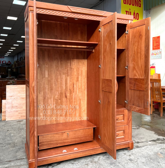 Tủ áo gỗ hương đá - 3 cánh mẫu đồng tiền 