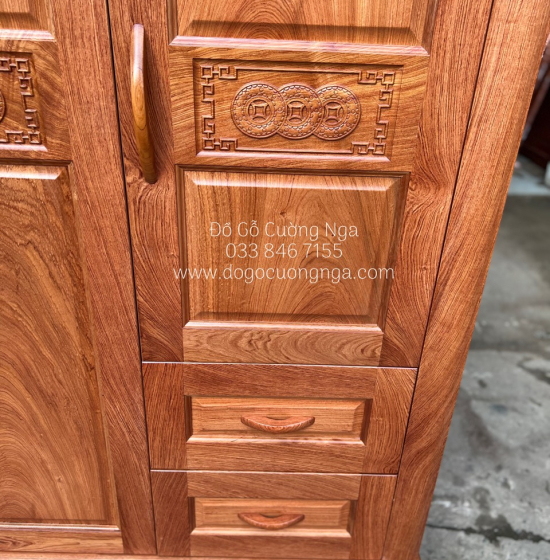 Tủ áo gỗ hương đá - 3 cánh mẫu đồng tiền 