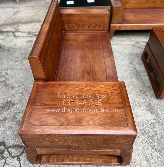 Bàn ghế sofa 2 văng gỗ sồi nga lau màu hương - kèm nệm cao cấp 