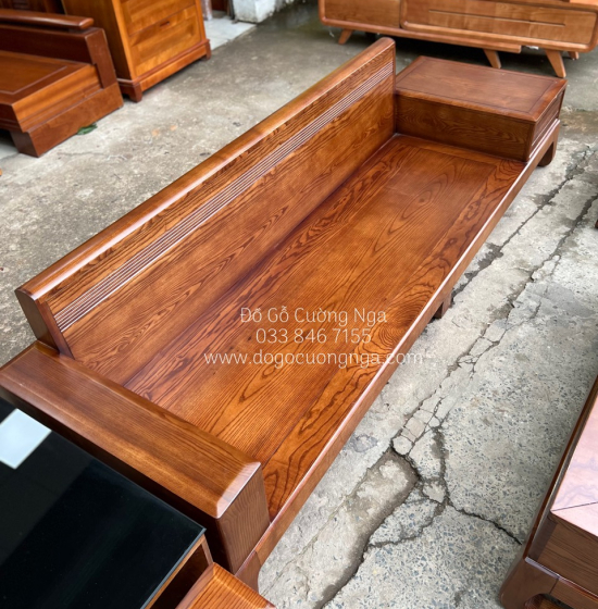 Bàn ghế sofa 2 văng gỗ sồi nga lau màu hương - kèm nệm cao cấp 