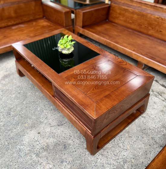 Bàn ghế sofa 2 văng gỗ sồi nga lau màu hương - kèm nệm cao cấp 