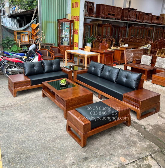 Bàn ghế sofa 2 văng gỗ sồi nga lau màu hương - kèm nệm cao cấp 