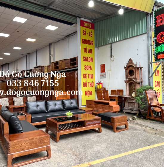 Bàn ghế sofa 2 văng gỗ sồi nga lau màu hương - kèm nệm cao cấp 