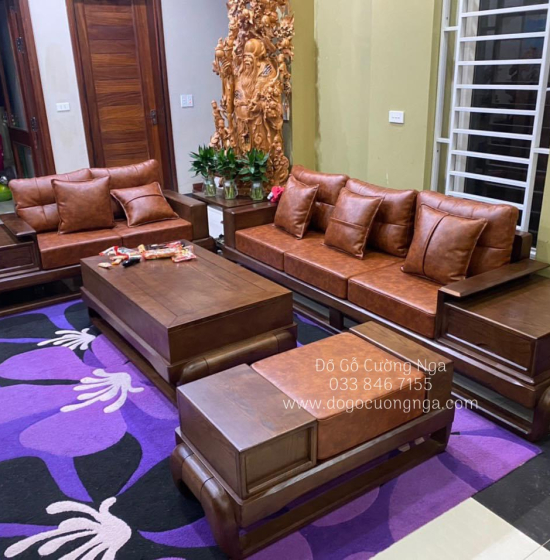 Bàn ghế sofa gỗ sồi nga lau màu óc chó - 2 văng mẫu đùi gà 