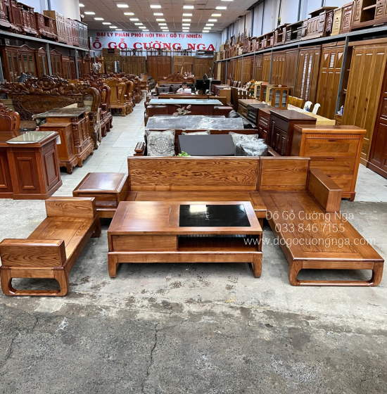 Bàn Ghế Sofa Gỗ Sồi Nga Góc L Hiện Đại 2m8x1m8 - Nệm Da