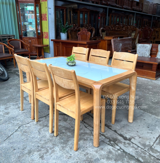 Bàn ăn gỗ Sồi Nga mặt đá 1m6 - 6 ghế - màu tự nhiên hiện đại 
