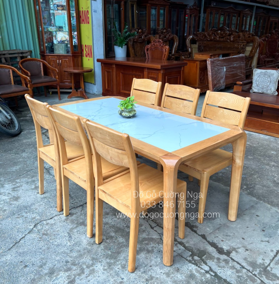 Bàn ăn gỗ Sồi Nga mặt đá 1m6 - 6 ghế - màu tự nhiên hiện đại 