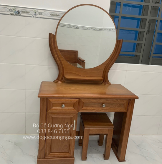 Bàn Trang Điểm Gỗ Xoan Đào 80cm Gương Tròn Hiện Đại TĐ 026