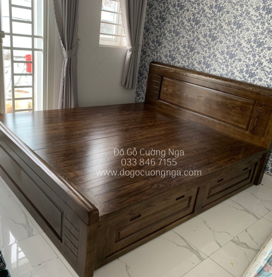 Giường ngủ gỗ sồi nga 2 ngăn kéo vạt phản - lau màu óc chó 