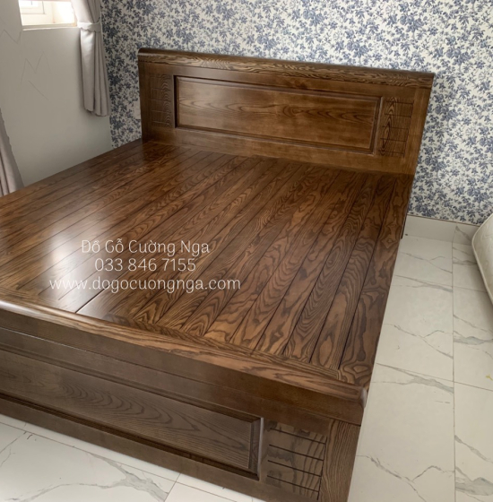 Giường ngủ gỗ sồi nga 2 ngăn kéo vạt phản - lau màu óc chó 