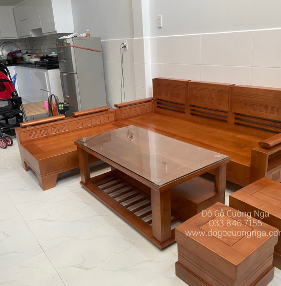 Bộ Ghế Sofa Góc L Gỗ Sồi Nga 2mx1m8 Tay Trứng - Màu Xoan 
