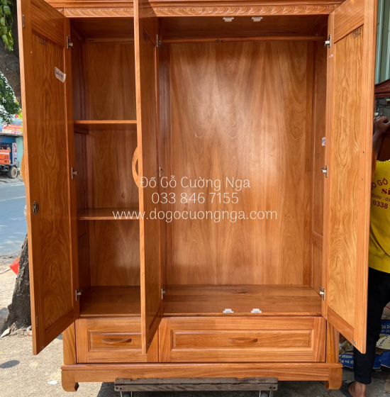 Tủ quần áo gỗ gõ đỏ 3 cánh cao cấp - mẫu hoa vòm 