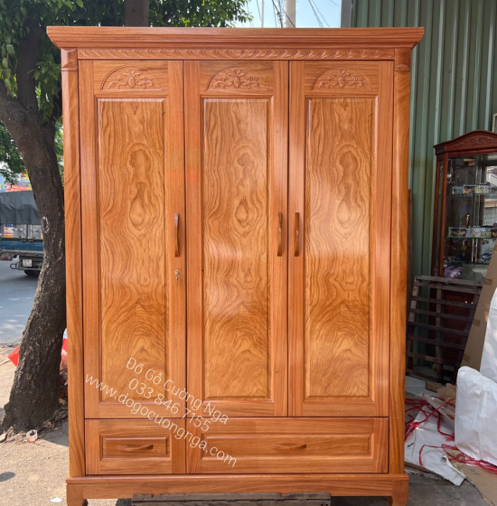 Tủ quần áo gỗ gõ đỏ 3 cánh cao cấp - mẫu hoa vòm 