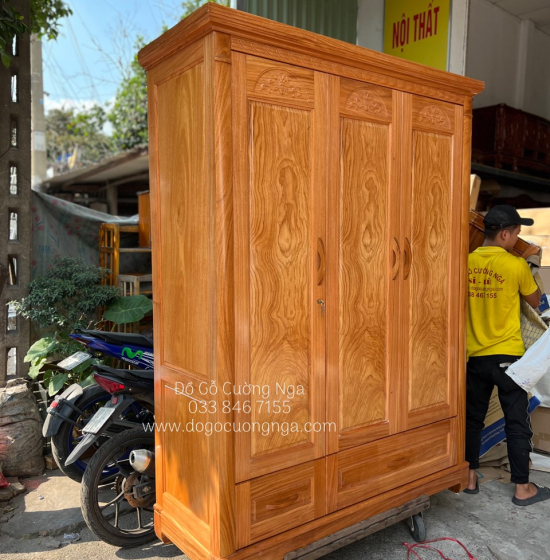 Tủ quần áo gỗ gõ đỏ 3 cánh cao cấp - mẫu hoa vòm 