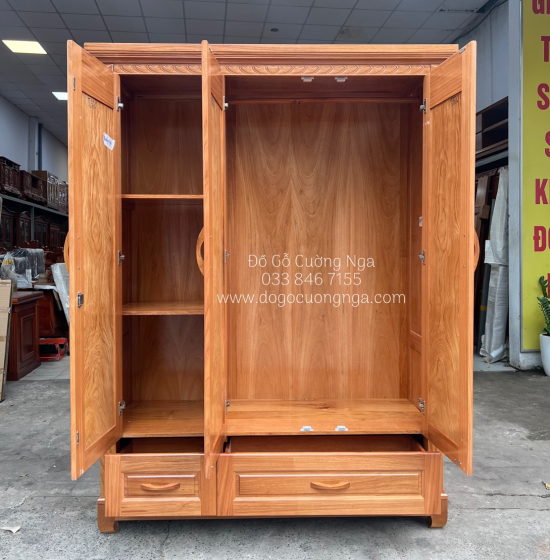 Tủ quần áo gỗ gõ đỏ 3 cánh cao cấp - mẫu hoa vòm 