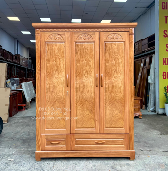 Tủ quần áo gỗ gõ đỏ 3 cánh cao cấp - mẫu hoa vòm 
