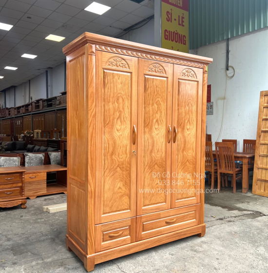Tủ quần áo gỗ gõ đỏ 3 cánh cao cấp - mẫu hoa vòm 