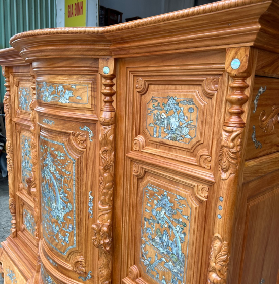 Tủ thờ gỗ Gõ Đỏ bụng phệ 1m75 cẩn trai cao cấp BT 012