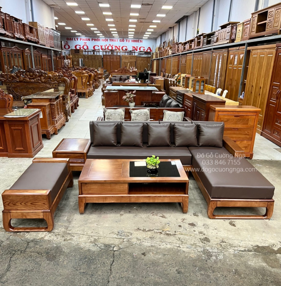 Bàn Ghế Sofa Gỗ Sồi Nga Góc L Hiện Đại 2m8x1m8 - Nệm Da