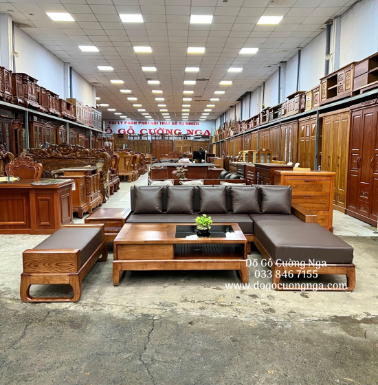 Bàn Ghế Sofa Gỗ Sồi Nga Góc L Hiện Đại 2m8x1m8 - Nệm Da