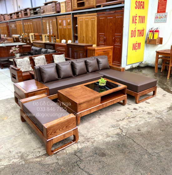 Bàn Ghế Sofa Gỗ Sồi Nga Góc L Hiện Đại 2m8x1m8 - Nệm Da