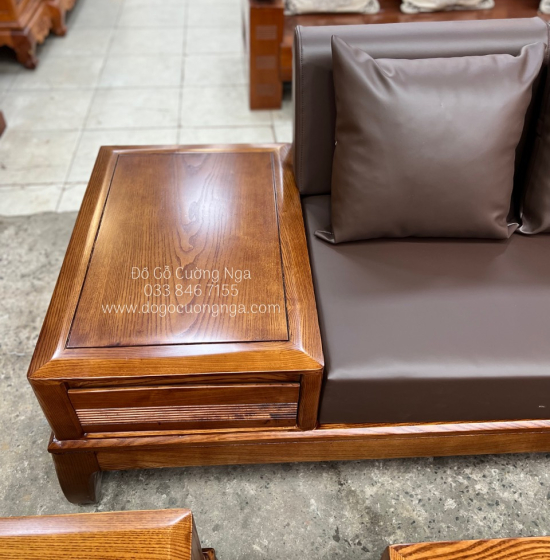 Bàn Ghế Sofa Gỗ Sồi Nga Góc L Hiện Đại 2m8x1m8 - Nệm Da