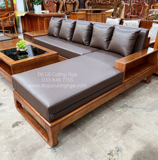 Bàn Ghế Sofa Gỗ Sồi Nga Góc L Hiện Đại 2m8x1m8 - Nệm Da