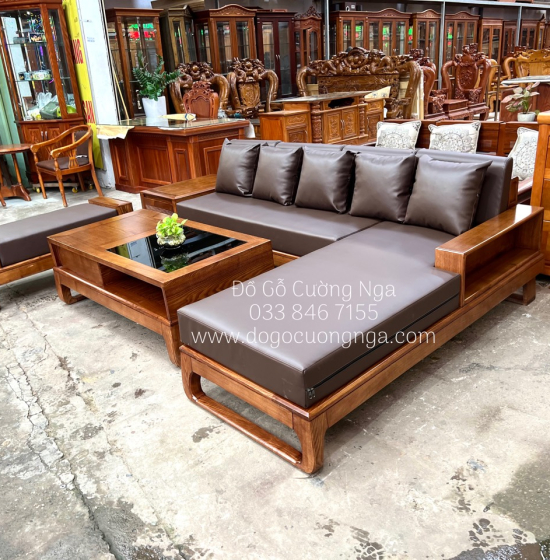Bàn Ghế Sofa Gỗ Sồi Nga Góc L Hiện Đại 2m8x1m8 - Nệm Da