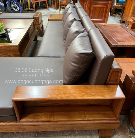 Bàn Ghế Sofa Gỗ Sồi Nga Góc L Hiện Đại 2m8x1m8 - Nệm Da