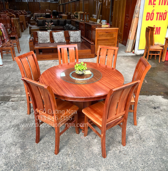 Bộ bàn ăn tròn mâm xoay gỗ Xoan Đào 6 ghế cao cấp BG 038