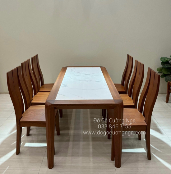 Bộ bàn ăn gỗ xoan đào mặt đá chân hươu 6 ghế BG 044