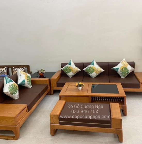 Bộ Sofa 2 Văng Gỗ Sồi Nga Lau Màu Gỗ Gõ Đỏ (Kèm Nệm)