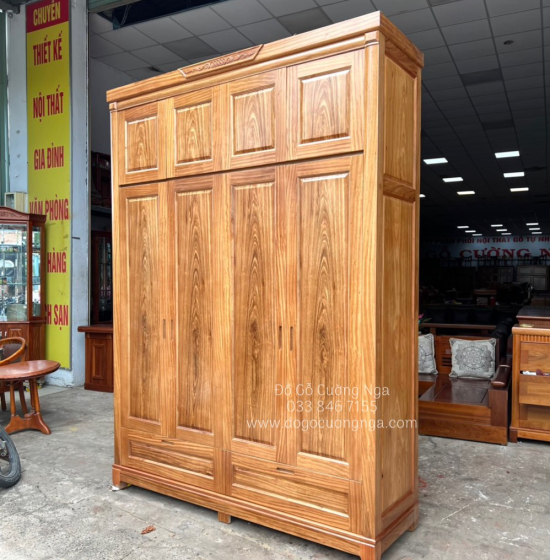 Tủ Áo Gỗ Hương Xám 4 Cánh Cao 2 Tầng Bền Đẹp 
