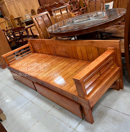 Ghế Giường Gỗ Sồi 2 Ngăn Kéo 1m4x1m9 Màu Cánh Gián Đẹp Giá Rẻ 