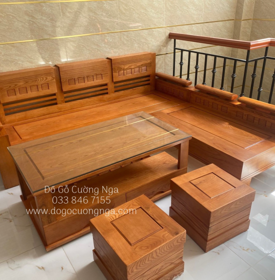 Bộ Bàn Ghế Sofa Góc L Gỗ Sồi Nga 2mx1m8 Lau Màu Gõ Đỏ - Tay Trứng 