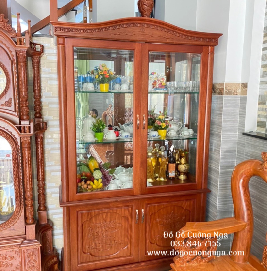 Tủ rượu gỗ xoan đào vuông 1m2 - phào cong TG 020