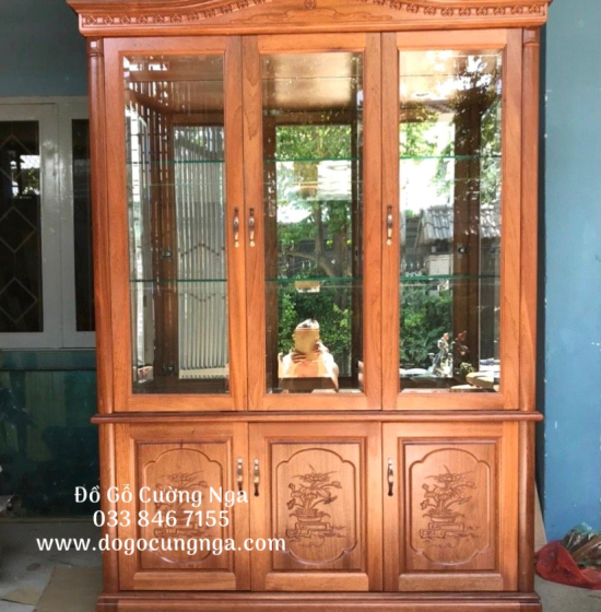 Tủ rượu gỗ Xoan Đào cao cấp 1m45 - phào cong TG 024