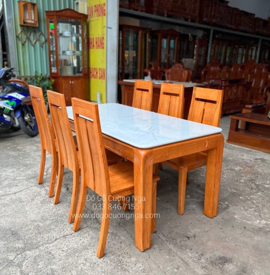Bàn Ăn Gỗ Sồi Nga 6 Ghế Lau Màu Hương BG 11-4