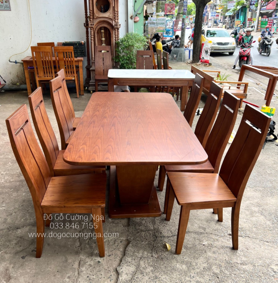 Bộ Bàn Ghế Ăn Gỗ Sồi Nga Lau Màu Óc Chó 8 Ghế Cao Cấp 