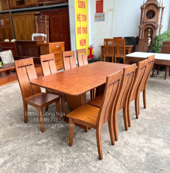 Bộ Bàn Ghế Ăn Gỗ Sồi Nga Lau Màu Óc Chó 8 Ghế Cao Cấp 