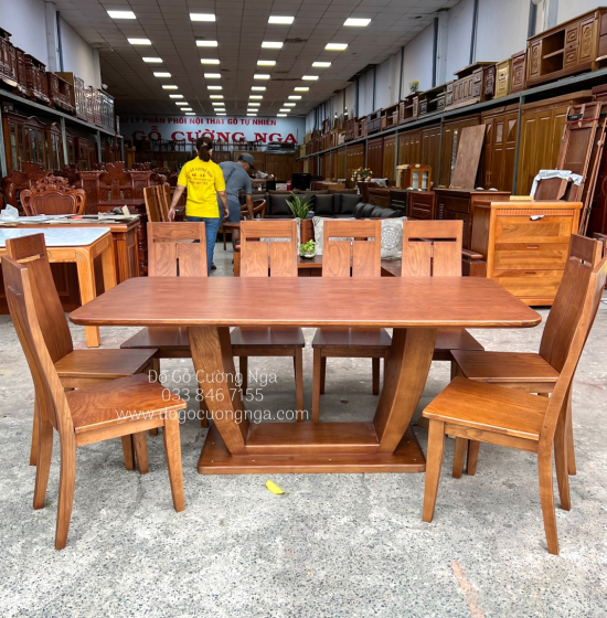 Bộ Bàn Ghế Ăn Gỗ Sồi Nga Lau Màu Óc Chó 8 Ghế Cao Cấp 