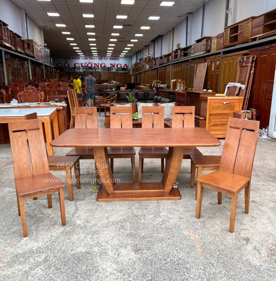 Bộ Bàn Ghế Ăn Gỗ Sồi Nga Lau Màu Óc Chó 8 Ghế Cao Cấp 