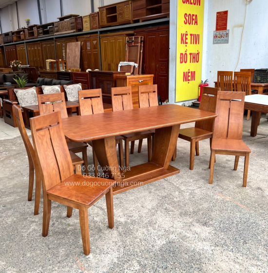 Bộ Bàn Ghế Ăn Gỗ Sồi Nga Lau Màu Óc Chó 8 Ghế Cao Cấp 