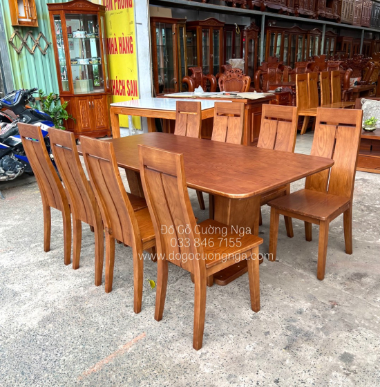 Bộ Bàn Ghế Ăn Gỗ Sồi Nga Lau Màu Óc Chó 8 Ghế Cao Cấp 
