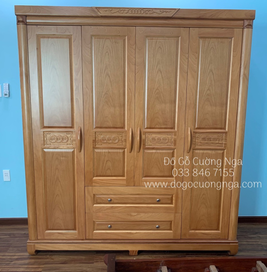 Tủ áo gỗ gõ đỏ 4 cánh - mẫu đồng tiền